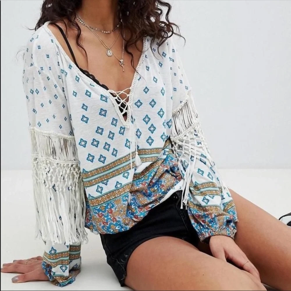 Free People Marca Maze Me Long Sleeve Fringe Top XS NWT